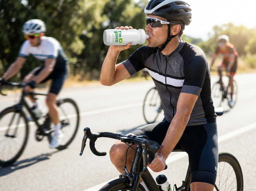 Wielrenner op een racefiets drinkt uit een witte 'I'm green' bidon tijdens een fietstocht op een zonnige weg.