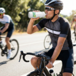 Wielrenner op een racefiets drinkt uit een witte 'I'm green' bidon tijdens een fietstocht op een zonnige weg.