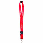 Voorbeeld-A7025 - Snap Fitness Red fitness lanyard with black buckle and metal clip, branded 'snap fitness' repeated along the strap.