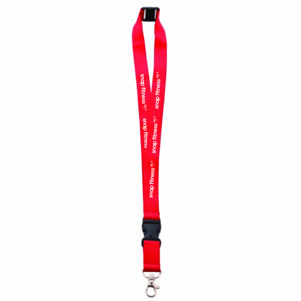 Red fitness lanyard with black buckle and metal clip, branded 'snap fitness' repeated along the strap.