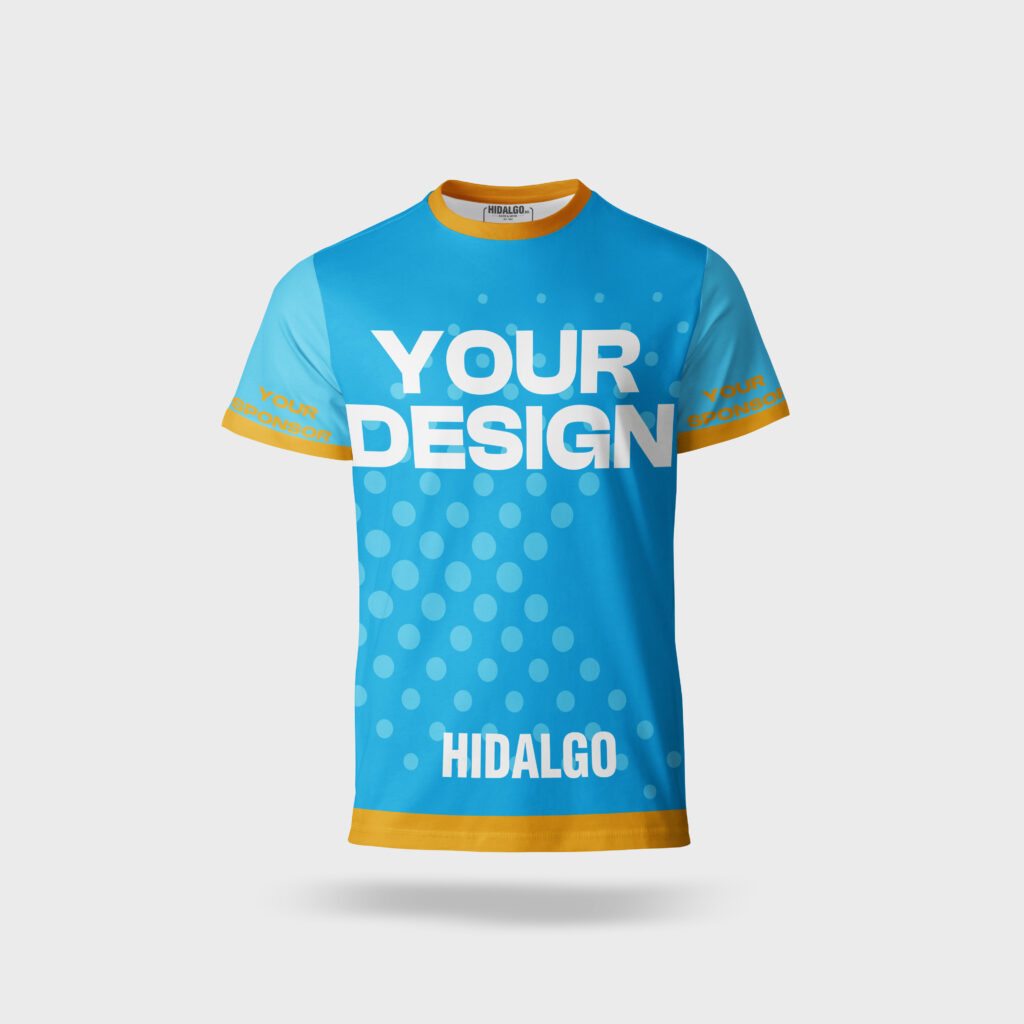 Custom-TK-2-site - Sport Shirt ontwerpen Bright blue sports jersey with yellow trim, large white 'YOUR DESIGN' text, polka dot pattern, and orange slogan on sleeves (sponsor).