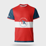 Custom-TK-site - Sport Shirt ontwerpen Red and blue color-block T-shirt with a white horizontal stripe and the TK Challenge Foundation logo across the chest (EST. 2015).