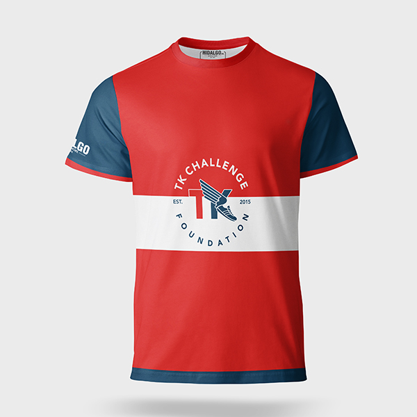 Custom-TK-site - Sport Shirt ontwerpen Red and blue color-block T-shirt with a white horizontal stripe and the TK Challenge Foundation logo across the chest (EST. 2015).