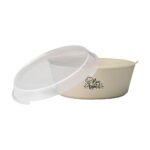Beige speckled mixing bowl with a clear snap-on lid and a 'Bon Appetit' logo on the side.