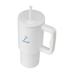 White travel mug with a screw-on lid and built-in straw, featuring a Circles logo on the side.