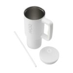 White travel mug with a detachable lid and straw, shown with the lid removed.