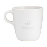 White ceramic mug with a light gray Exepteur logo and tagline printed on it