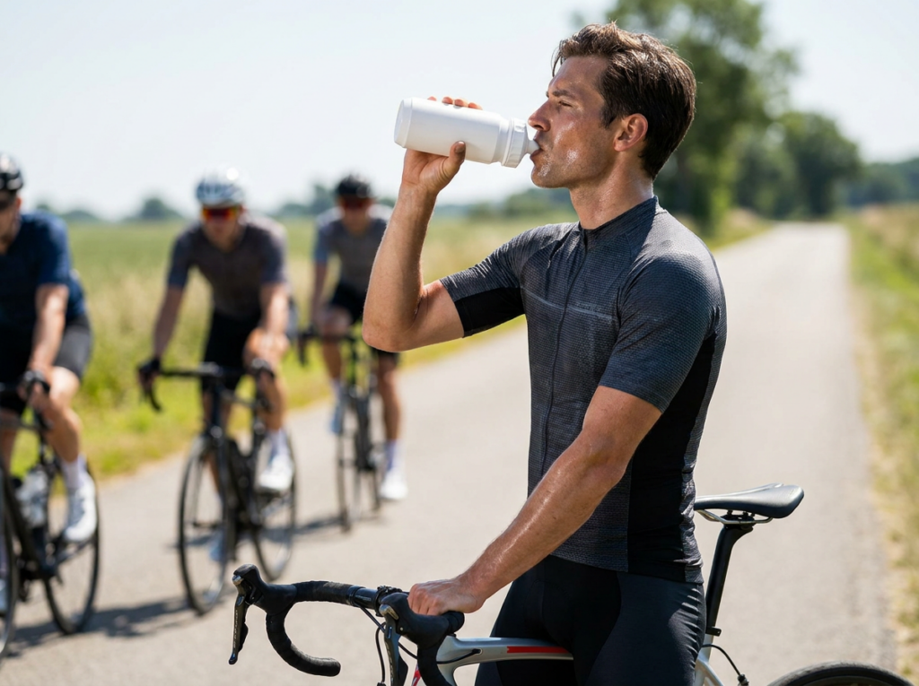 6a05e1bd098ad8e7b20b69e4png - Hidalgo Male cyclist in a gray kit drinking from a white bottle while riding on a rural road; group riders in the background on a sunny day.