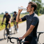 6a05e1bd098ad8e7b20b69e4png - Hidalgo Male cyclist in a gray kit drinking from a white bottle while riding on a rural road; group riders in the background on a sunny day.