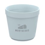 Light blue ceramic plant pot with Mortgeous logo and ESTD 2018 on the front.