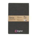Dark grey notebook with a brown kraft wrap band across the middle and a pink-white 'digital' logo at the bottom left-right area in the band area.