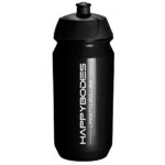 Black sports water bottle with a twist-on cap and vertical 'HAPPYBODIES' branding along the side, featuring 'LIFESTYLE CLUBS' text.
