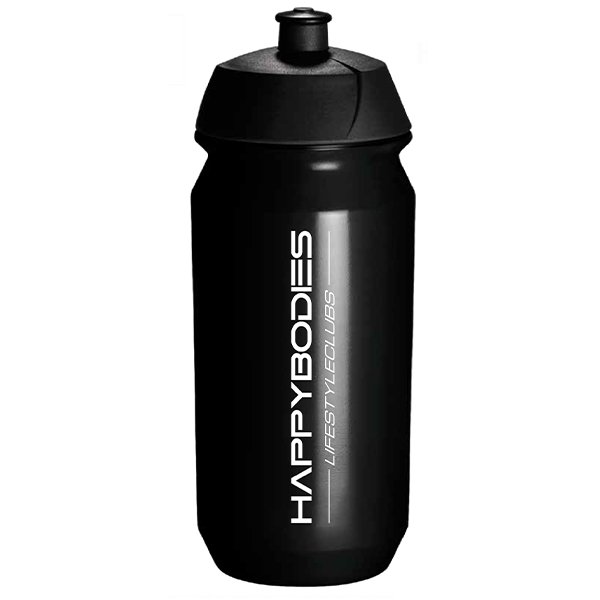 Black sports water bottle with a twist-on cap and vertical 'HAPPYBODIES' branding along the side, featuring 'LIFESTYLE CLUBS' text.