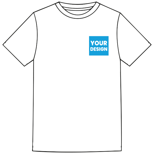 White t-shirt with a blue square logo reading 'YOUR DESIGN' on the left chest area.