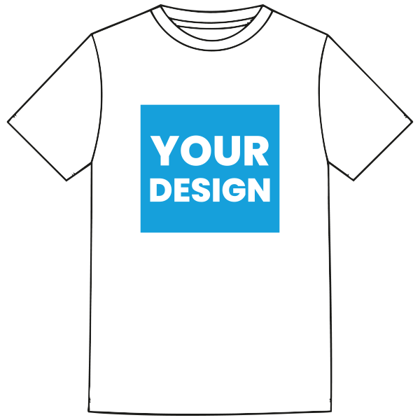 White T-shirt featuring a blue square with the words YOUR DESIGN, representing a customizable mockup template
