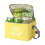 Yellow insulated lunch bag open with a green apple, two cans, a juice bottle, and snack packets visible; bag reads 'WHAT'S IN my bag?'