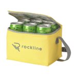 Yellow insulated cooler bag with gray strap opened to reveal multiple green soda cans inside, logo reads 'rockline' on the front