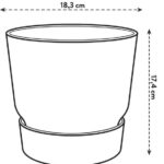 Line drawing of a tapered plant pot with a matching saucer, width 18.3 cm and height 17.4 cm.