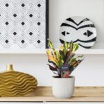 Decorative shelf displaying a black-and-white abstract plate, geometric framed art, a ribbed gray planter with a colorful leafy plant, and a gold wavy vase on a light wood surface.