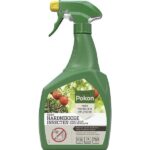 Green spray bottle labeled Pokon for killing stubborn garden insects, with a yellow trigger and white label showing pest-control text.