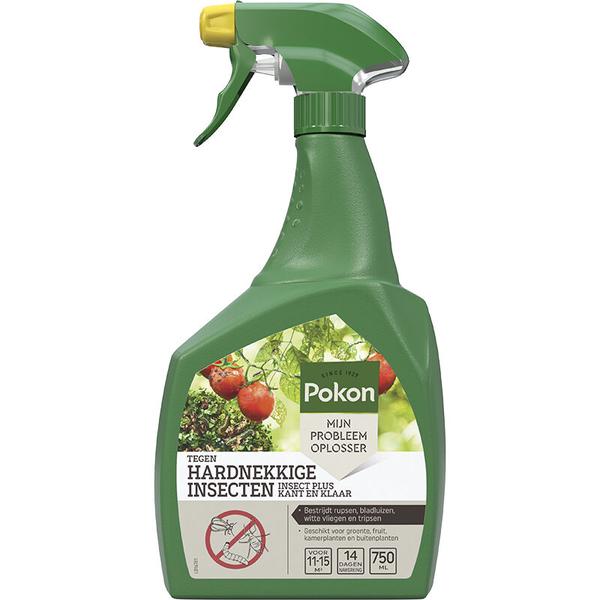 Green spray bottle labeled Pokon for killing stubborn garden insects, with a yellow trigger and white label showing pest-control text.