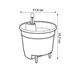 Line drawing of a circular plant pot with three legs, an irrigation spike in the center, and measurement annotations showing 17 cm width and 15.7 cm height.