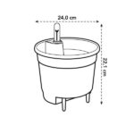 Line drawing of a round plant pot with a central irrigation spike, supported by three legs; 24 cm wide, 22.1 cm tall.