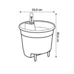 Large plant pot on three legs with an irrigation spike inside; width 33 cm and height 30.6 cm.