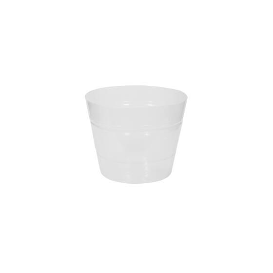 White disposable plastic cup on a white background, plain and ridged design