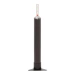 Vertical laboratory instrument: a clear graduated tube with a red indicator atop a black cylindrical base on a small flat stand.