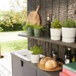 Outdoor patio kitchen shelf with potted herbs, a cutting board of bread, bottles of wine, and a green book on a dark wood counter against a textured wall; sunny garden in the background.