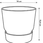 Line drawing of a tapered plant pot with a matching saucer, showing a top diameter of 14 cm and overall height of 13.4 cm.