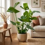 Tall monstera plant in a beige pot sits in a sunlit living room beside a sofa with neutral decor.