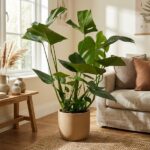 Monstera plant in a tan ceramic pot sits on a wooden floor beside a beige sofa in a sunlit living room.