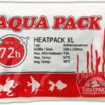 Aqua Pack Heatpack XL pouch with white/red design, shows a 72h burn-time icon and German specifications (size 160×110 mm).