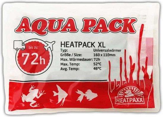 Aqua Pack Heatpack XL pouch with white/red design, shows a 72h burn-time icon and German specifications (size 160×110 mm).