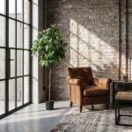 Leather brown armchair beside a tall potted plant in a sunlit industrial-style room with a brick wall and large grid window.