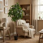 Cozy beige armchair with a cream throw and patterned pillow beside a tall potted plant in a sunlit living room.