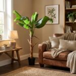Tall potted banana plant beside a brown leather sofa in a cozy living room with a wooden side table and bookshelf nearby.