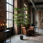 Tall potted tree beside a brown leather armchair in an industrial loft with brick walls and large windows.