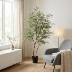 Tall potted indoor tree beside a gray armchair in a bright living room with a floor lamp and beige curtains.