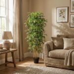 Tall potted bamboo plant in a living room beside a beige sofa and framed botanical prints on the wall