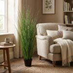 Tall green potted plant beside a beige armchair in a sunlit living room.