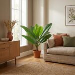 Tall green houseplant in a terracotta pot beside a beige sofa in a sunlit living room.