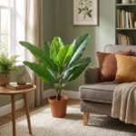 A cozy living room corner with a large potted tropical plant beside a gray sofa and mustard cushions on a green wall.