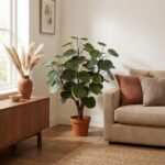Living room corner with a tall potted fiddle leaf fig plant beside a beige sofa and wooden console under a window.