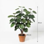 Artificial plant with broad veined green leaves in a small terracotta pot, about 55 cm tall (pot diameter 12 cm).