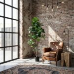 Leather armchair beside a tall potted plant in a sunlit loft-style room with an exposed brick wall and large grid window.