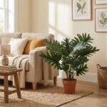 Living room with a beige sofa, cozy throw pillows, and a large potted green leafy plant; sunlight on pale walls with framed botanical art.