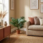 Cozy living room corner with a beige sofa, framed botanical art, and a large leafy plant by a sunlit window.